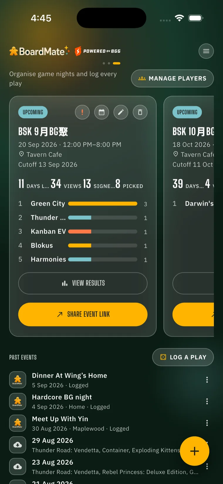 An event in BoardMate — days left, view and sign-up counts, a live vote leaderboard, and a Share Event Link button.